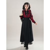【赤血之瞳】絲酒紅色襯衫上衣+黑色半身裙一套女Lolita