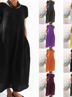 亚马逊 速卖通2024ebay欧美纯色复古宽松棉麻连衣裙 现货厂家直销