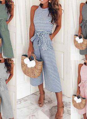 2024ebay新款 亚马逊爆款 时尚修身系带性感条纹圆领连体裤