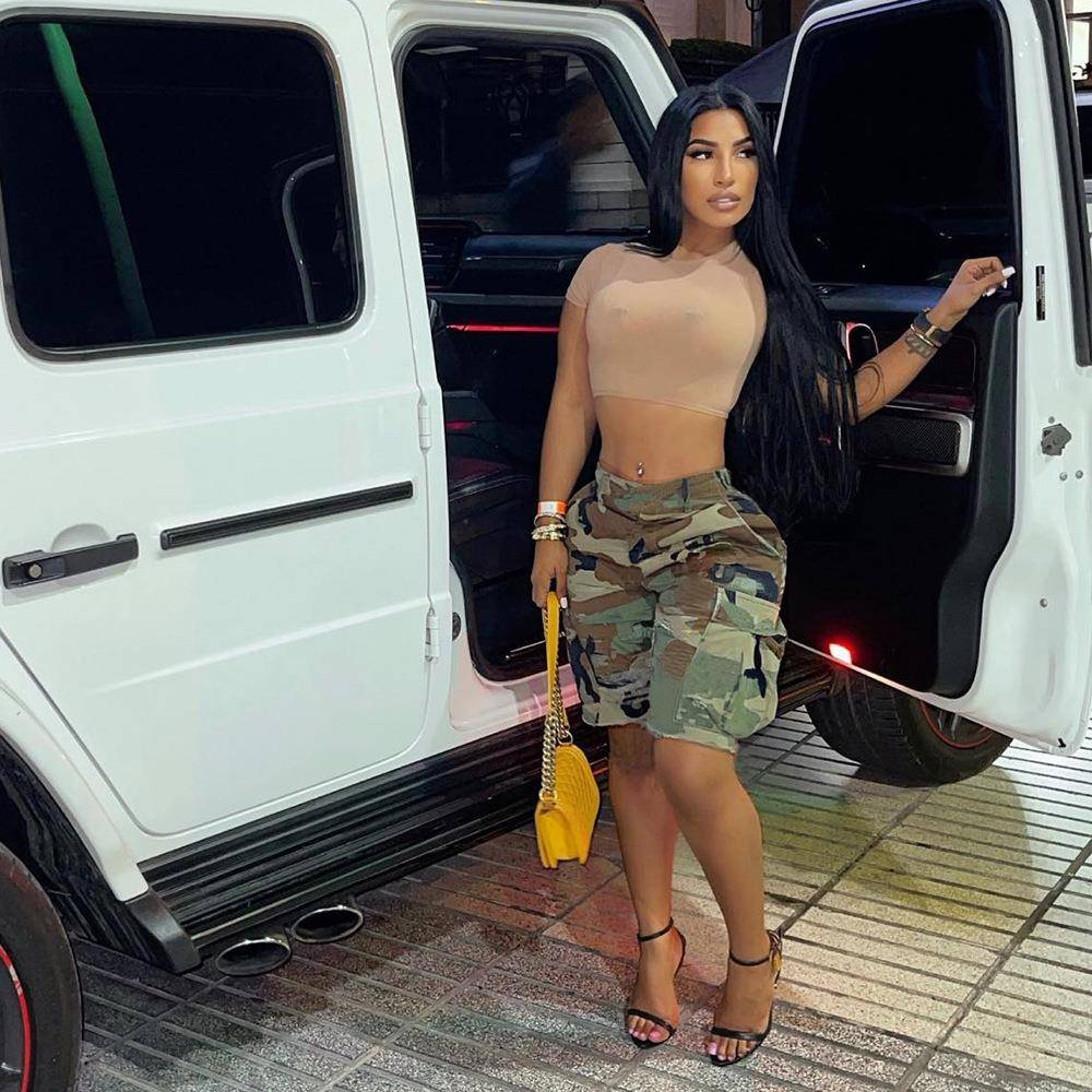 LD1335夏季新款欧美女装亚马逊WISH宽松休闲字母贴布迷彩短裤现货