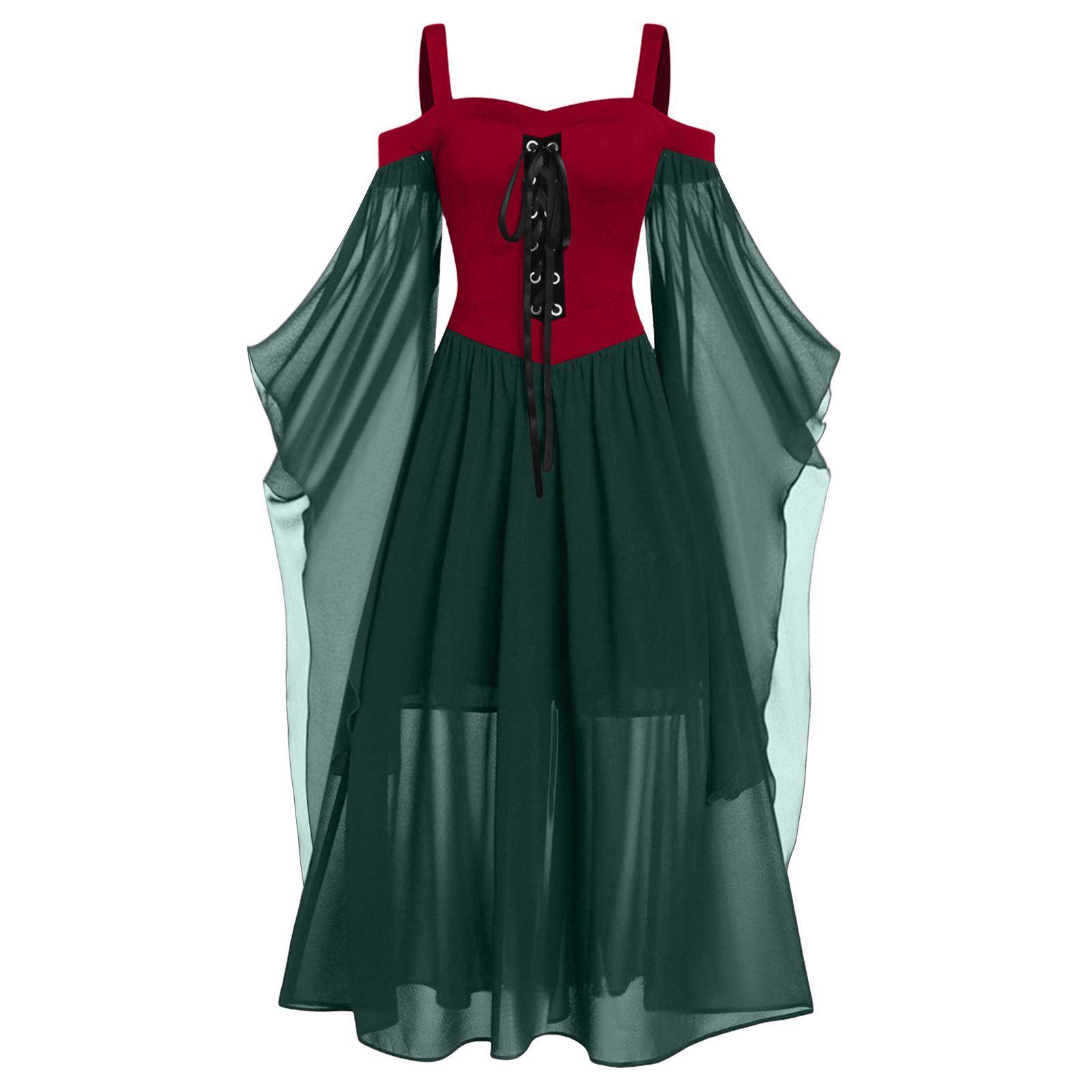 2025亚马逊速卖通万圣节女巫加长袖吊带绑带大摆连衣长裙