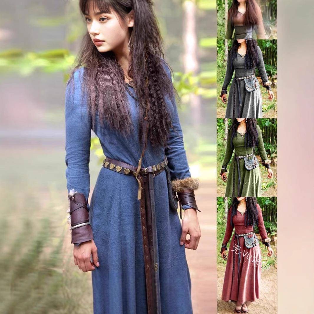 欧美中世纪复古圆领长袖修身连衣裙 文艺复兴长款cosplay表演服女