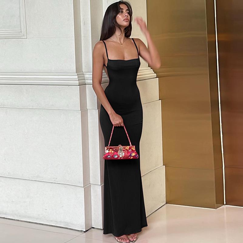 2025春季ins风欧美女装新款亚马逊性感修身露背吊带纯色连衣裙女