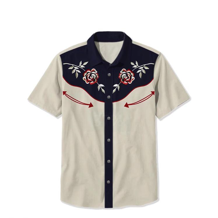 独立站新款夏威夷几何黄石图案潮流春夏宽松短袖衬衫男上衣B364