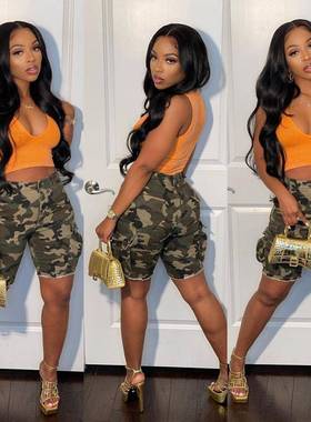 LD83244亚马逊欧美夏季女装新款潮流迷彩修身棉质短裤