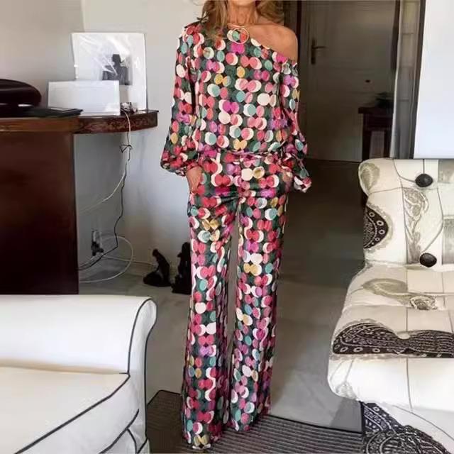 欧美女装跨境2023新款3D印花口袋长袖时尚休闲气质优雅宽松套装女