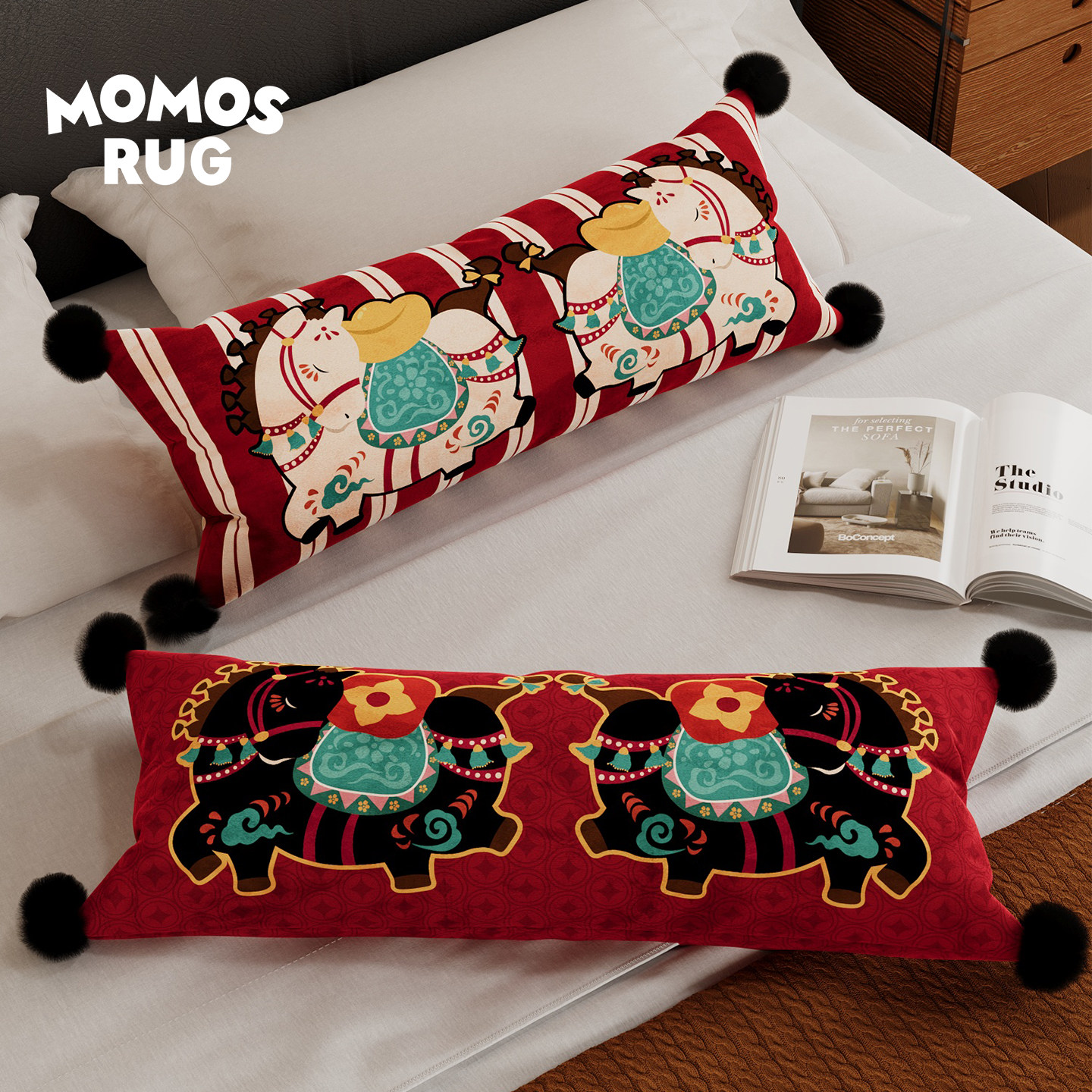 马年红色沙发抱枕长款靠背垫办公室新年喜庆百搭车载午睡垫靠枕