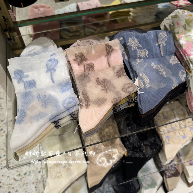现货 日本购Tabio靴下屋夏优雅复古玫瑰花纹半透明网纱短袜子女