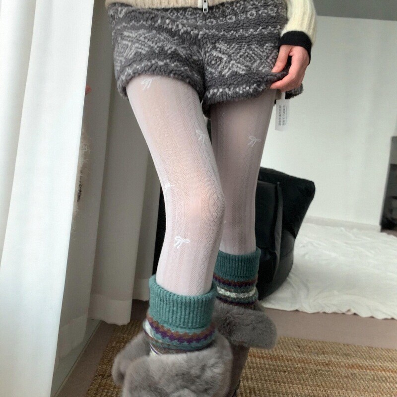 秋冬条纹撞色蝴蝶结连裤袜女复古