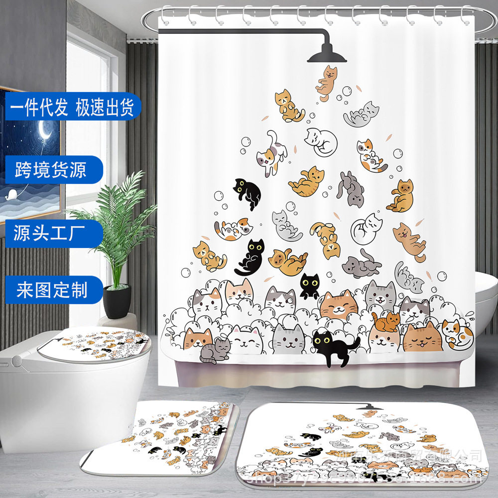 TEMU跨境电商可来窗帘图创意卡通群猫浴缸浴帘四件套美国欧洲北美