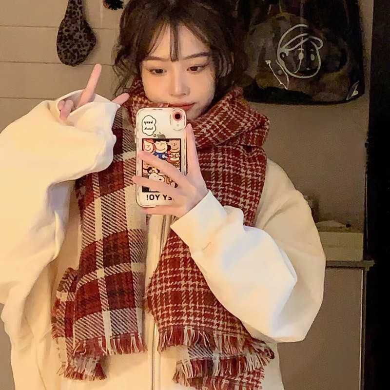 新年中国红韩版格子围巾女加长款