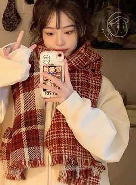 新年中国红韩版格子围巾女加长款