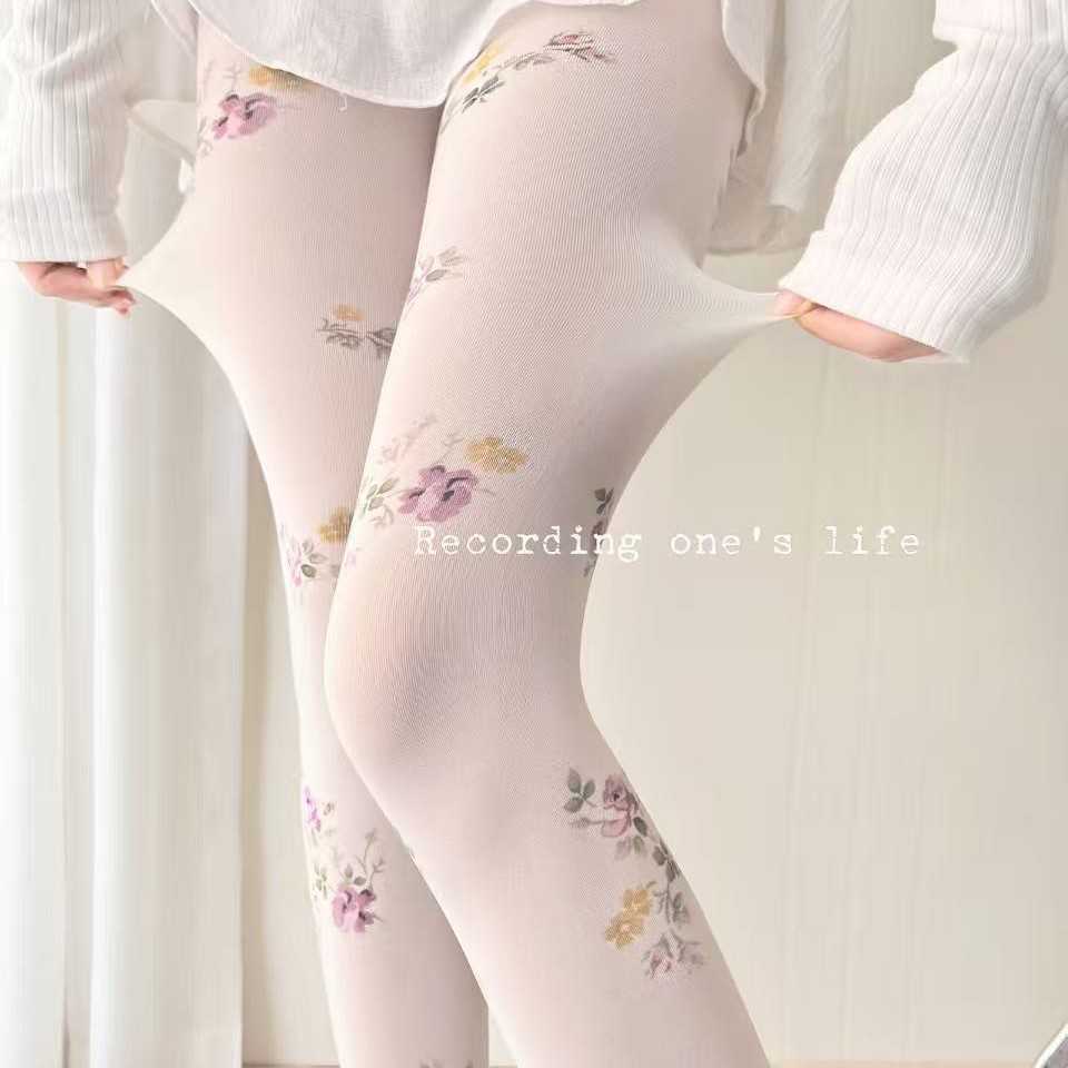 春夏晕染花卉印花天鹅绒连裤袜｜