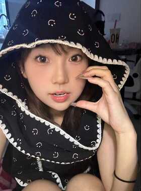 韩代笑脸印花帽子围巾一体女冬季