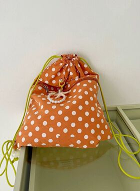 韩系春夏橙色波点抽绳背包小众撞色双肩包海岛度假小背包束口包