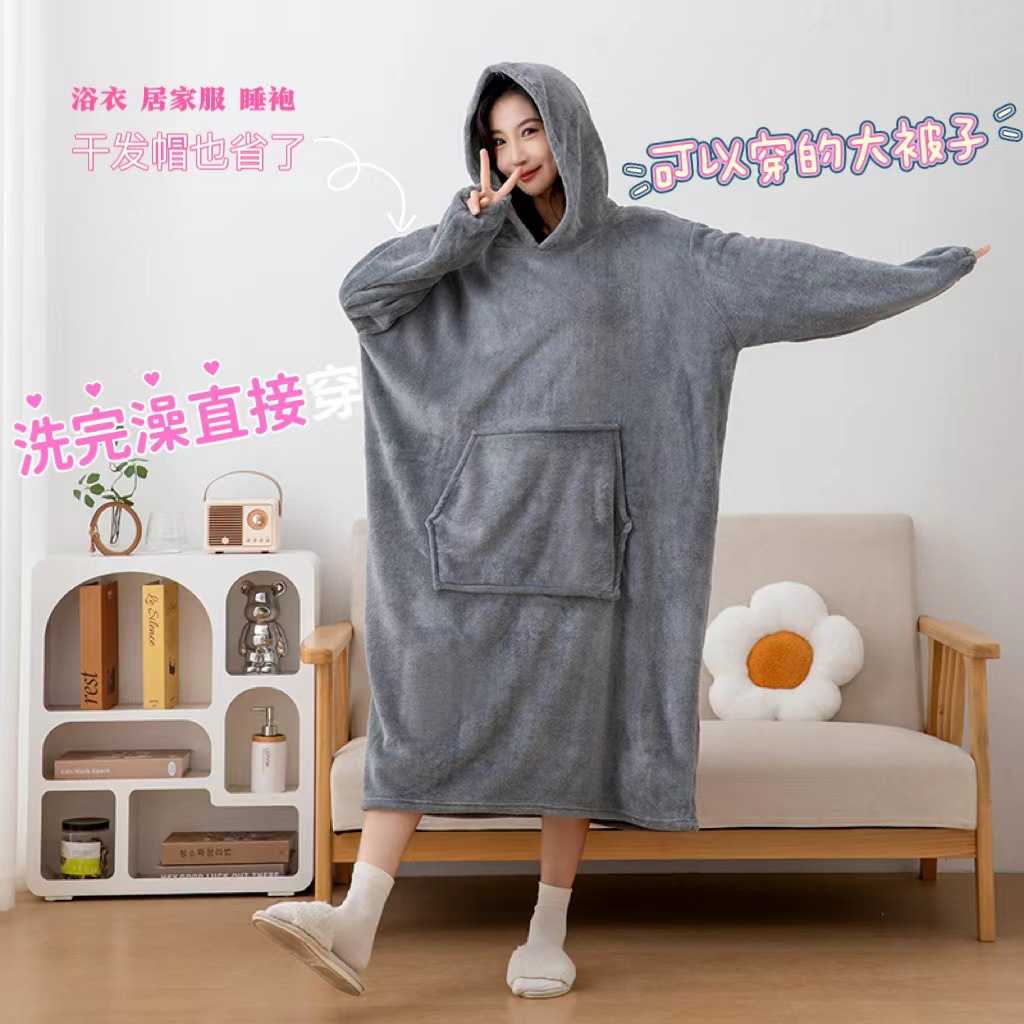 套头卫衣式加厚浴巾浴袍睡裙吸水