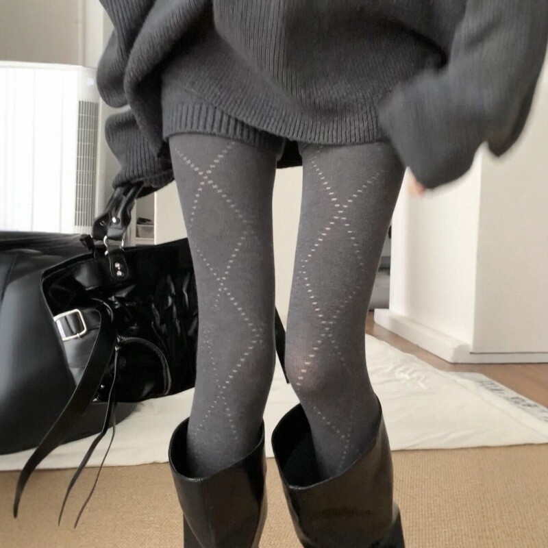 秋冬复古镂空菱格连裤袜女加厚