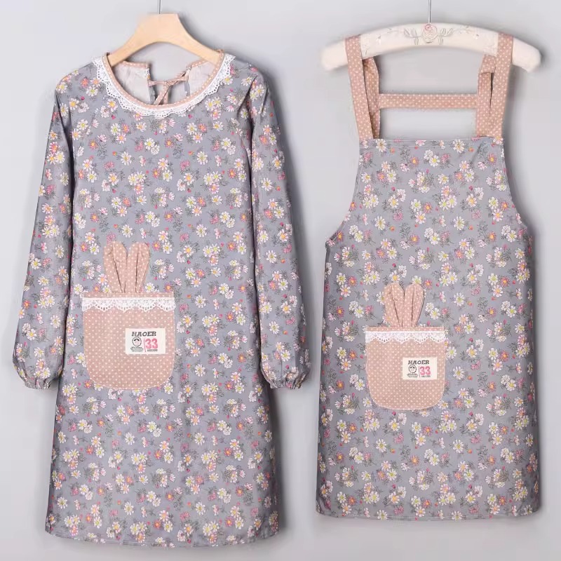 新款竹节棉长袖围裙家用厨房做饭女时尚韩版透气碎花罩衣工作服