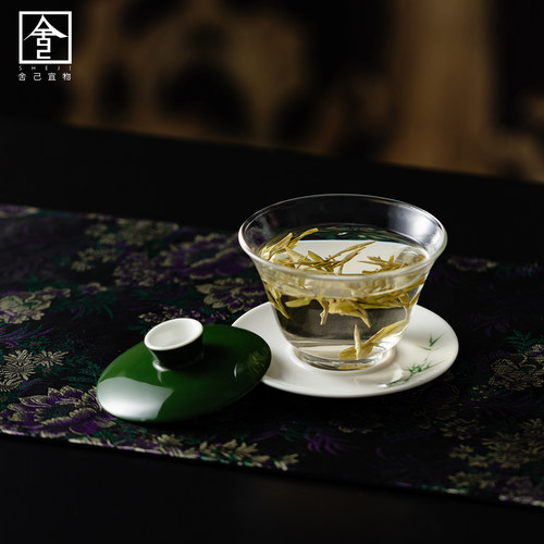 高硼硅玻璃黎川三才盖碗家用手绘青翠绿竹泡茶碗耐热玻璃盖碗茶具