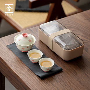 便携旅行茶具手绘樱花盖碗户外喝茶盖碗杯一壶两杯带茶盘户外茶具