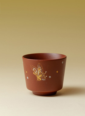 手绘朱泥蝶舞翩翩马蹄杯家用手工陶瓷闻香杯品茗小口杯送朋友