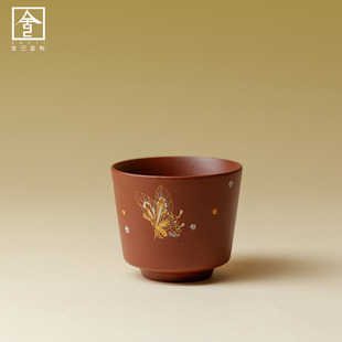 手绘朱泥蝶舞翩翩马蹄杯家用手工陶瓷闻香杯品茗小口杯送朋友