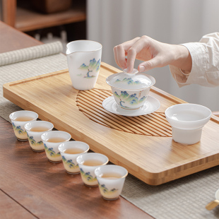 手绘羊脂玉白瓷套组功夫茶具盖碗家用办公室茶杯茶漏轻奢高端套装
