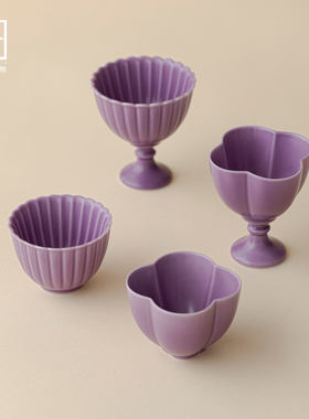 汝窑紫色陶瓷功夫茶具高足花瓣日式大主人杯茶杯高脚茶杯闻香单杯