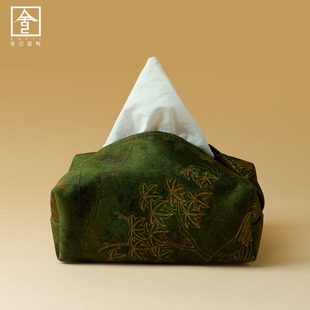 新中式简约缎面纸巾盒家用高级国风绿竹纸巾套抽纸盒茶道配件