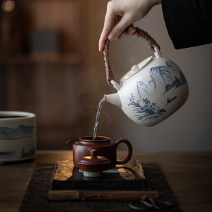 煮茶壶电陶炉烧水壶泡茶炉 苏打釉手绘提梁侧把陶壶粗陶煮茶器套装