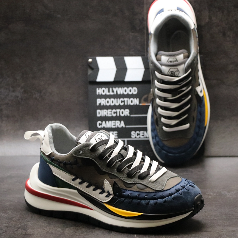 潮牌国潮休闲华夫鞋男2025秋季透气真皮运动阿甘鞋厚底ins老爹鞋