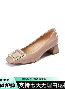 同款2025春新款有钱钻法式方钻漆皮不累脚中跟女单鞋TA52523-11