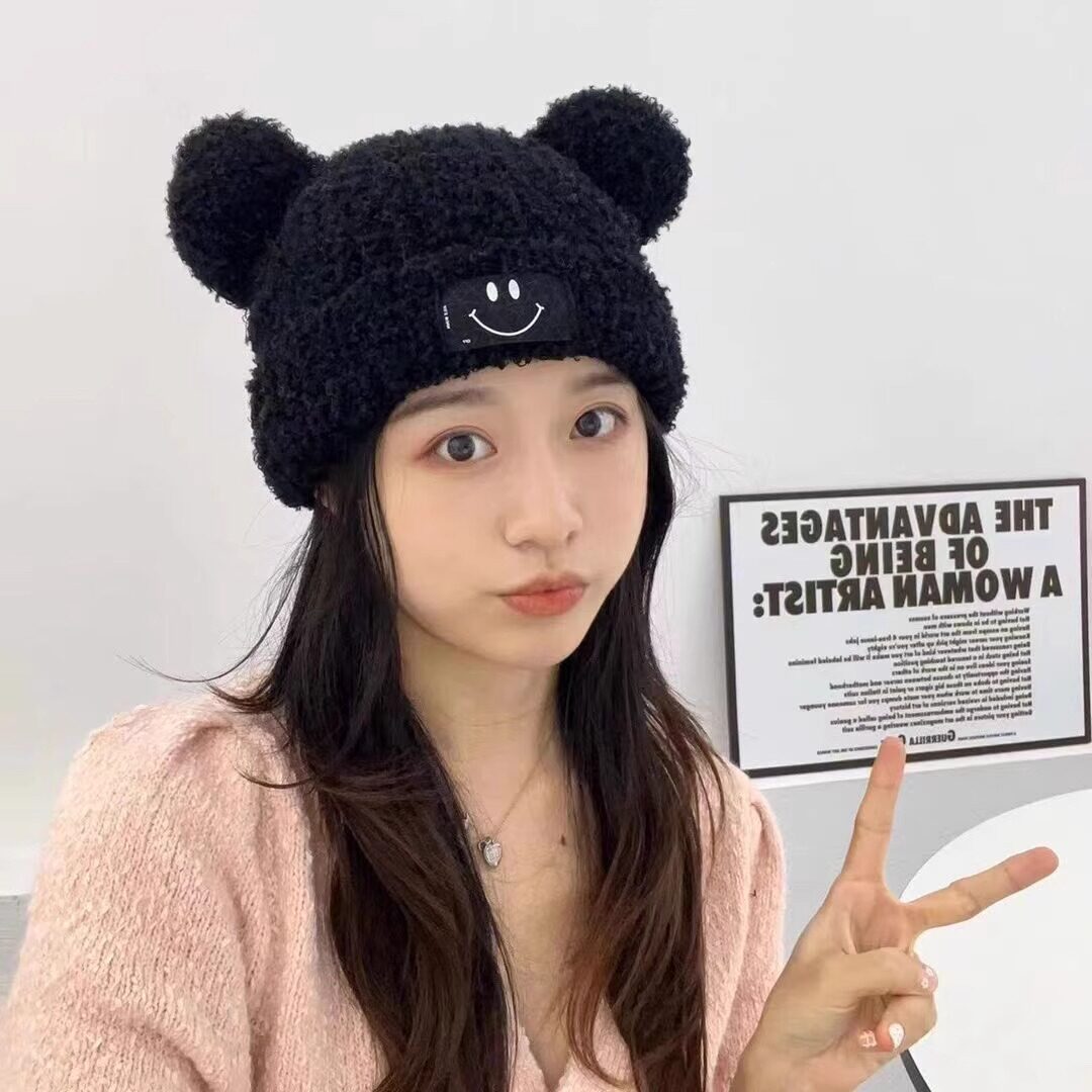 可爱小熊耳朵保暖羊羔绒毛线帽女
