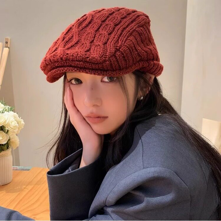 复古英伦风粗麻花针织贝雷帽子女冬文艺百搭显脸小保暖毛线前进帽