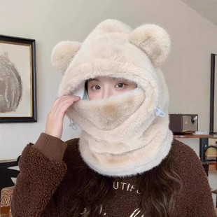 可爱小熊毛绒帽女生冬季加厚保暖围脖面罩一体套头帽户外防风帽子