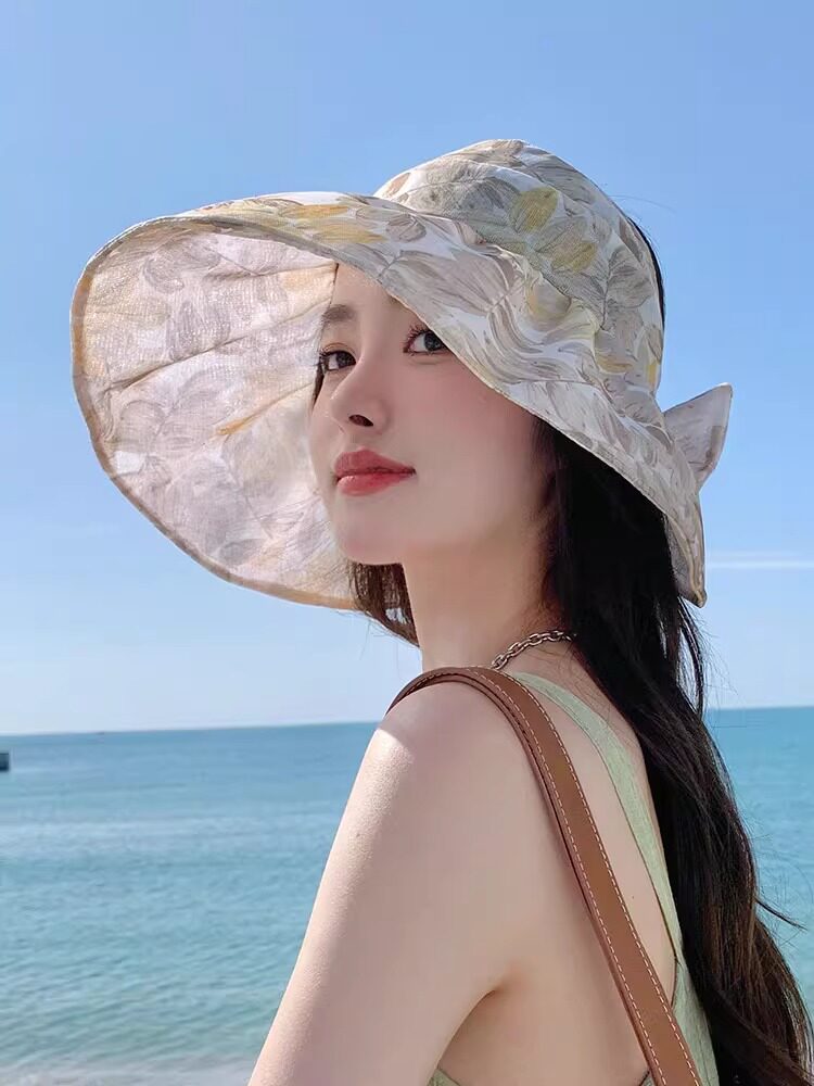 大沿印花遮阳帽女夏季优雅空顶帽子度假出游遮脸防晒扎马尾太阳帽