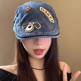 日系可爱小狗水洗牛仔前进帽子女复古个性百搭贝雷帽显脸小报童帽