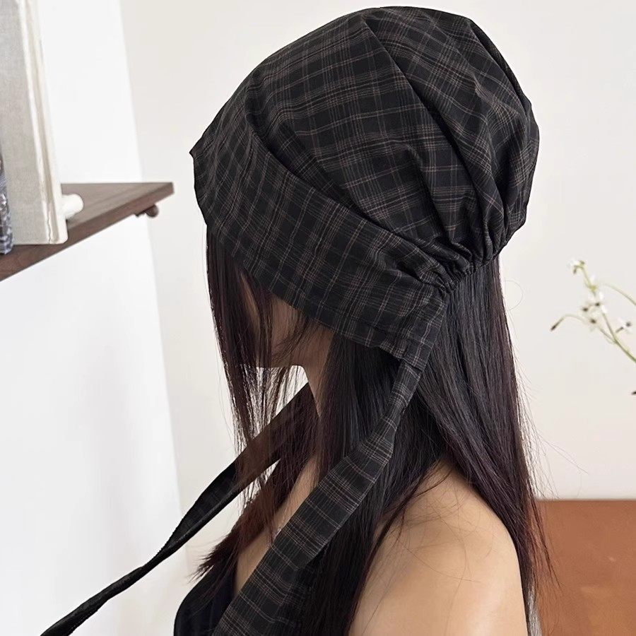 韩版复古格子绑带包头帽子女时尚百搭头巾帽显脸小街头文艺冷帽潮