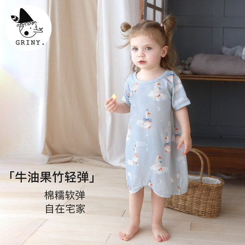 Griny【竹轻弹】婴儿短袖连体衣印花爬服哈衣新生儿衣服和尚衣