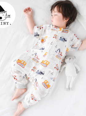 Griny婴儿纱布睡袋夏季薄款宝宝2层竹棉短袖分腿儿童空调房防踢被