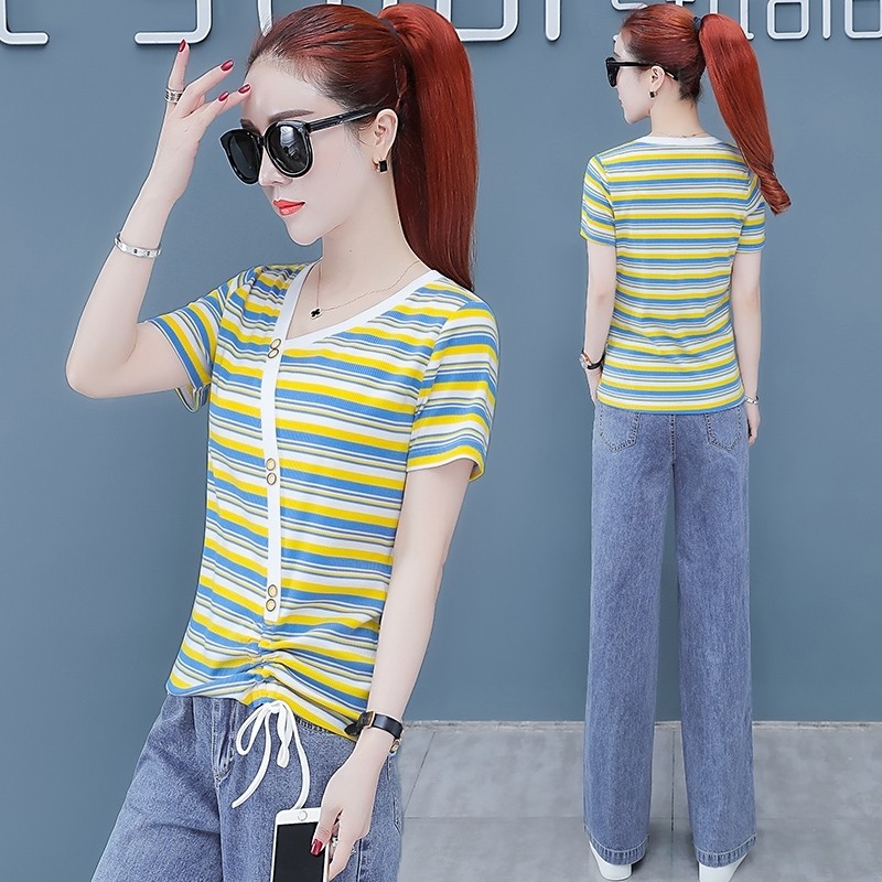 以纯官方官网T恤新款时尚小衫短款半袖条纹上衣欧贝爱依服旗舰店
