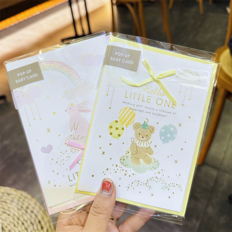日本新生儿宝宝祝福贺卡小熊小兔子可爱卡通创意小baby诞生手写卡
