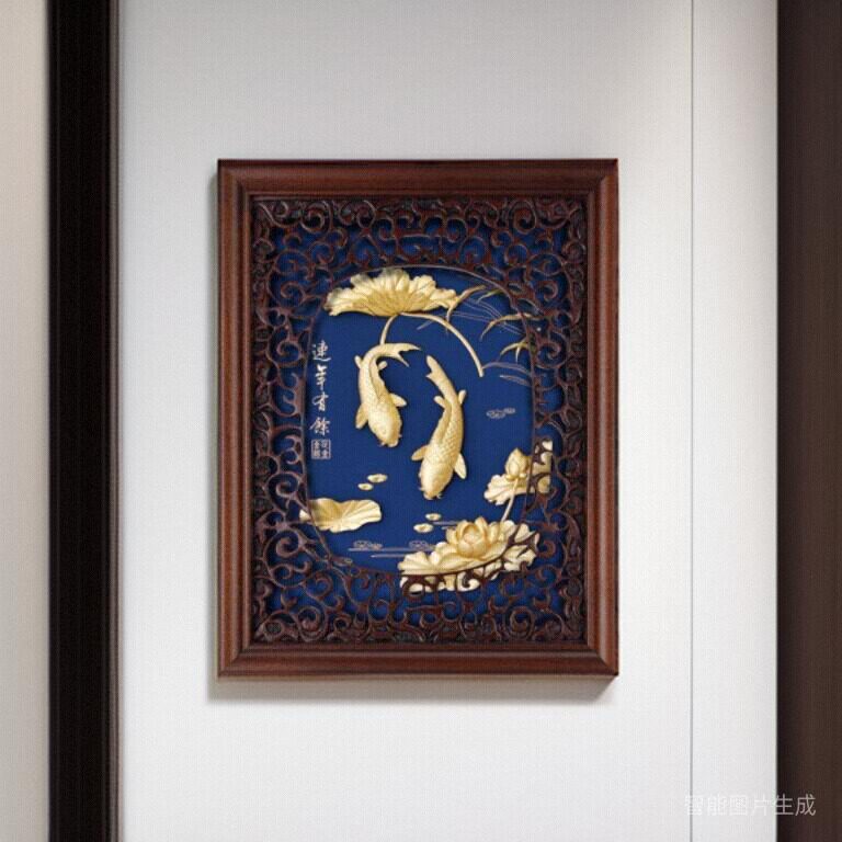 足金金箔画实木框画连年有余 商务礼品 古典客厅过道装饰画定制