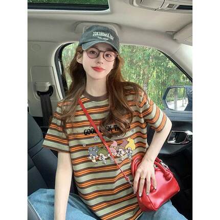 夏季新款多巴胺条纹短袖T恤女大码宽松减龄韩系ins设计感休闲上衣