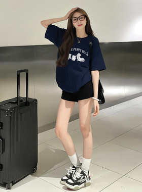 纯棉短袖t恤女夏季2026新款藏蓝色半袖韩系慵懒风独特漂亮小上衣