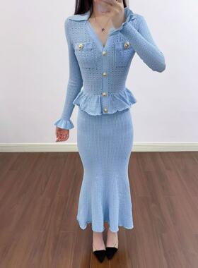 2025早秋SP家气质蓝色修身小香风鱼尾假两件针织连衣裙长裙