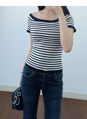 2025春夏法式一字领撞色条纹短袖针织衫T恤MFPPU00892