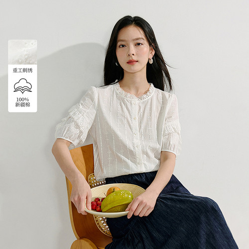 【一秒入夏】茵曼夏季荷叶领镂空刺绣纯棉衬衫度假风泡泡袖衬衣