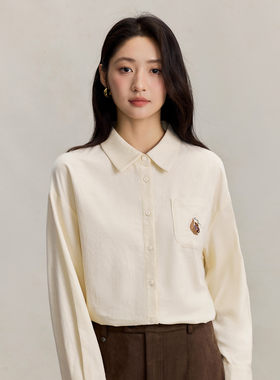 茵曼纯棉简约通勤长袖衬衫女2025秋季宽松百搭休闲刺绣灯芯绒衬衣