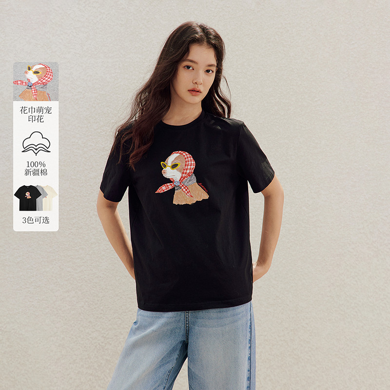 茵曼花巾萌宠印花100棉T恤2026春季女装新款休闲百搭显瘦短袖上衣
